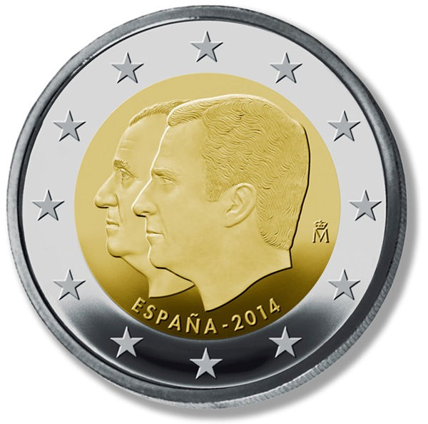 2 Euromünze aus Spanien mit dem Motiv Thronwechsel von Juan Carlos I. zu Felipe VI.
